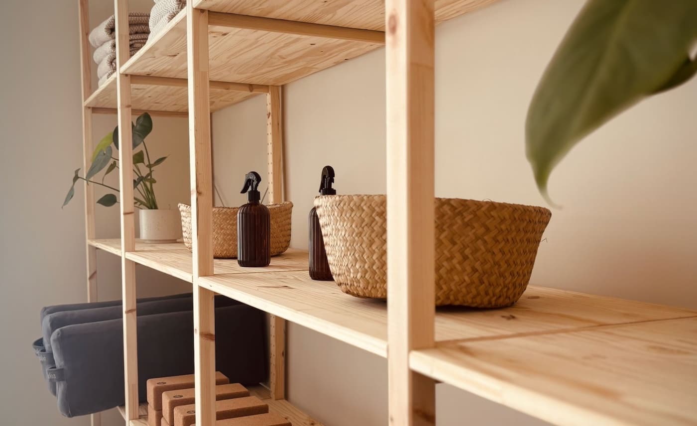 LX Portal studio details — Manduka mats, cork blocks and natural wood shelving